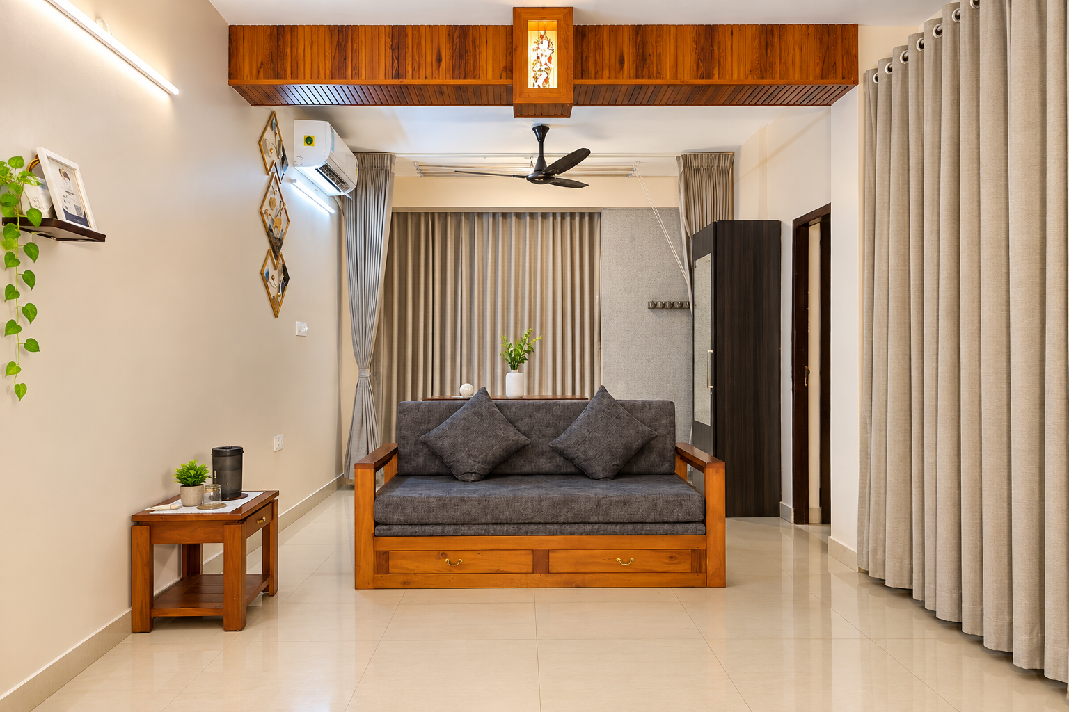 Living space with table and curtains
